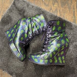 Green and Blue Wedge Shoes with Unique Design